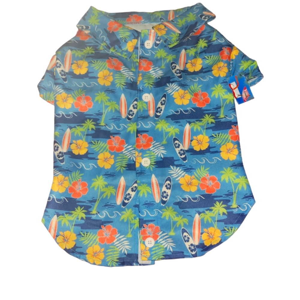 Dog apparel shirt Hawaiian / beach themed with surf boards. NWT. Tag shows back